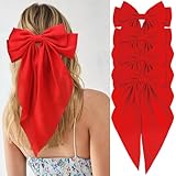 Velscrun Red Hair Bows for Women Girls, Silky Satin Large Coquette Hair Bow, Oversized Hair Ribbons 4Pcs Big Bows Clip Long Tail Bowknot Hair Barrettes Halloween Christmas Bow Hair Accessories