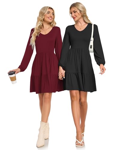 AUSELILY Womens Long Sleeve Dress 2025 Fall Casual V Neck Tiered Swing Flowy A-line Mini Short Dresses with Pockets4