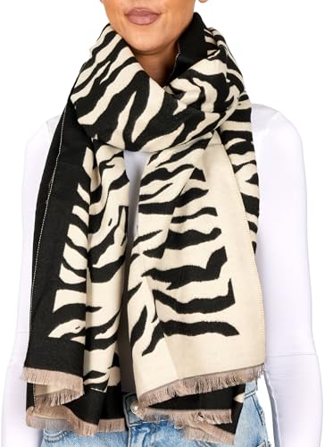 BRUBAKER Cashmirillo Damen Schal mit Zebra Muster - 70 x 200 cm - Warm, Kuschelig & Oversized - Streifen Damenschal für Herbst & Winter - Winterschal mit weichem...