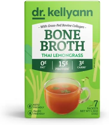 Dr. Kellyann Bone Broth Collagen Powder Packets (7 Servings, 1 Box) - Thai Lemongrass, 16g Protein/Serving, 100% Grass-Fed Hydrolyzed Collagen Powder, Keto & Paleo Friendly