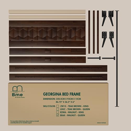 Image of Bme Georgina Signature Bed Frame with Handcrafted Geometric Headboard, Mid Century Modern, Solid Acacia Wood, No Box Spring Needed, 12 Strong Wood Slats Support, Easy Assembly, Walnut, Queen