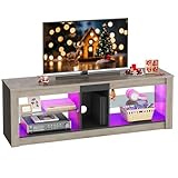 Bestier LED Gaming TV Stand for 55 Inch TV, Entertainment Center with Adjustable Glass Shelves, Modern Media Console for Living Room & Bedroom TV Cabinet Game Console PS4, Wash Gray