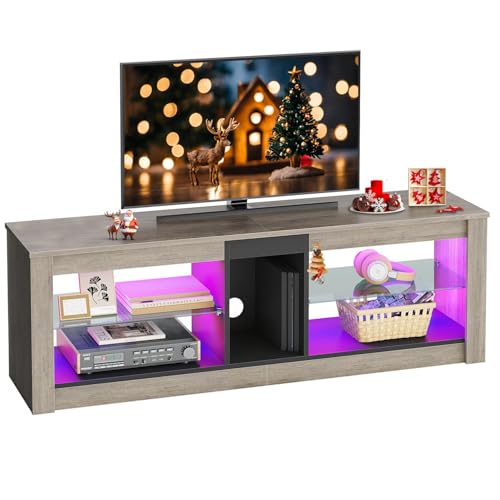 Bestier LED Gaming TV Stand for 55 Inch TV, Entertainment Center with Adjustable Glass Shelves, Modern Media Console for Living Room & Bedroom TV Cabinet Game Console PS4, Wash Gray