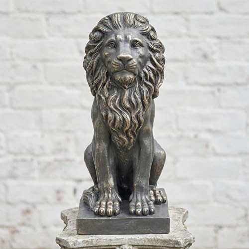 Greens Word Sculptures Garden Statues, Outdoor Lion Statue 27in Tall, Magnesium Oxide Stone Composite Animal Sculpture Statue Decor for Home Decor Yard Patio Garden, Dark Gray with Gold Accents