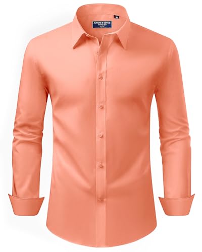 Alimens & Gentle Orange Dress Shirt for Men Regular Fit Stretch Stain Shield Long Sleeve Solid Business Wedding Button Down Shirts,Orange,Large