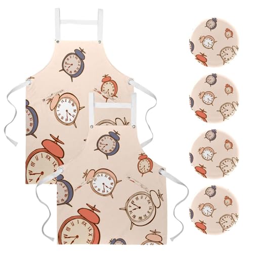 Lot de 2 tabliers de cuisine avec 4 broches motif réveil