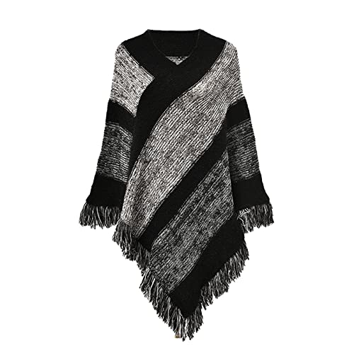 Striped Poncho Black Coat Open Front Poncho Shawl Wraps For Women Ponchos For Women Fashion Sweater (Black, One Size)