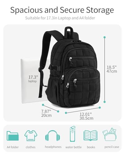 Image of Large Quilted Laptop Backpack for Women, College Bookbag with Tumbler Holder Pocket for Nurse Teacher Work Travel, Puffer School Backpack for Teen Girls Big Student, Black