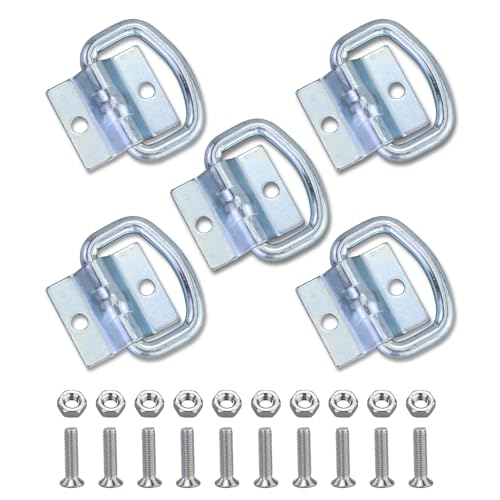 AMANDELIZABE Set di 5 occhielli robusti ad anello a D in acciaio zincato ad alta resistenza per fissaggio del carico in rimorchio/furgone/barca, con staffa di montaggio e viti