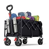HAUSPROFI Bollerwagen Faltbar 80-100L 100KG Tragkraft, Faltbarer Bollerwagen Geländetauglich mit Bremsen, All-Terrain, Seitentasche und Getränkehalter, für Outdoor, Camping, Garten und Einkaufen