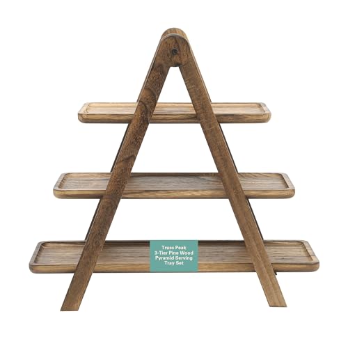 Image of Gibson Home Truss Peak 3 Tier Serving Tray for Party, 18 inch Acacia Wood Cupcake /Charcuterie /Dessert Farmhouse Tiered Platters with Collapsible Wood Rack