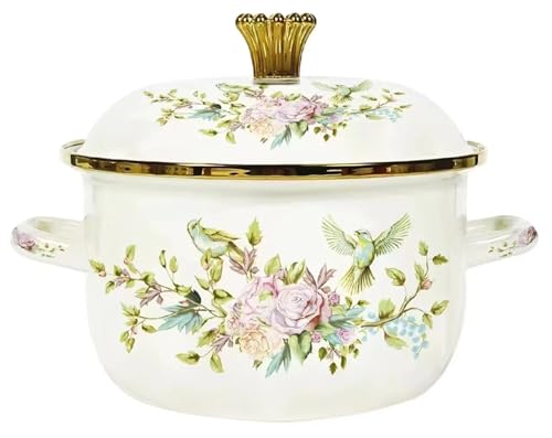 UBOHUZ Casseruola Pentola for zuppa Smaltata con Stampa Vintage Pentole for Cucina Pentola Smaltata Pentola for Uso Domestico Pentole di Grande capacità addensate per Brasare, Stufare(White03,20CM)