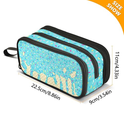 Image of Teal Blue Ice Cream Print Pencil Case Box Boys Girls Large Pencil Pouch Zipper Compartments Big Capacity Stationery Pen Bag Organizer for Kids Teens Adults School Office