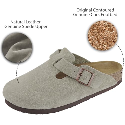 ILLIMITE Suede Clogs for Women Men Cork Footbed Sandals Leather Mules Potato Shoes with Arch Support and Adjustable Buckle2