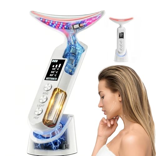 Face Massager with Led Light: 9-Color Facial Device - Neck Wrinkles Tightening Wand - Vibration Tool for Skin Care, White