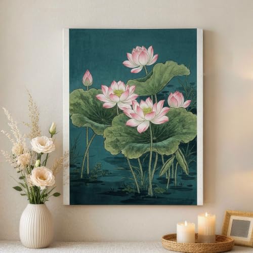 Lienzo decorativo botánico lirios de agua verde melocotón para hogar 16 x 20 pulgadas