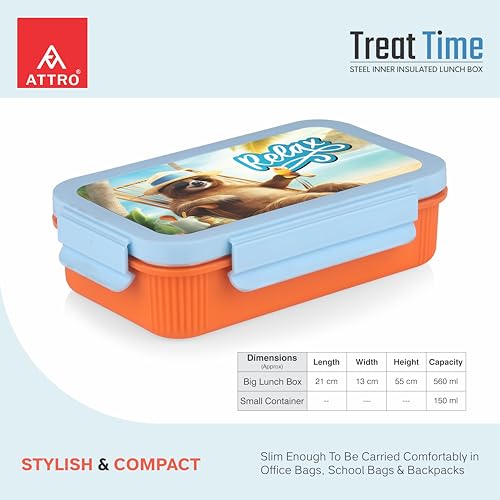 Image of ATTRO Treat Time Stainless Steel Insulated Lunch Box with Inner Steel Body, Airtight 4-Side Lock Lid, Leakproof Silicone Seal, Small Container-560ml+150ml-Relax Bear Blue Orange