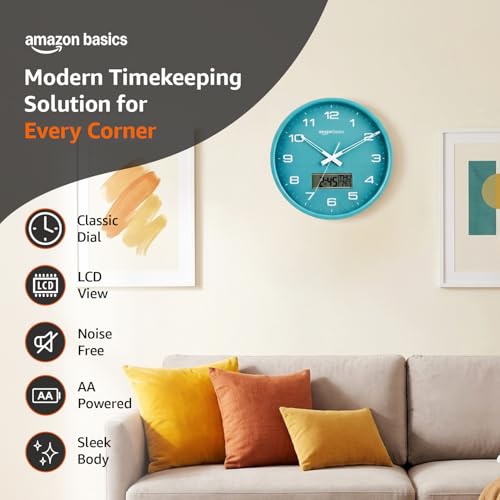 Image of Amazon Basics 12.5 Inch Analog Digital Wall Clock with LCD Display | Calendar Day Date Temperature | Silent Non-Ticking Sweep Movement | Large Dial Visibility | Dual Battery Powered (Sea Green)