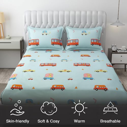 Image of RD FABS Glace Cotton Wrinkle Free Soft Hypoallergenic Bed Sheet with 2 Pillow Cover | Cartoon Printed | Double Bed King Size Kids Bedsheet (90x95 Inches /Aqua /Bus) 144 TC