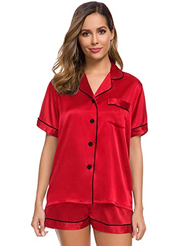 Image of SWOMOG Womens Silk Satin Pajamas Set Short Sleeve Sleepwear Button Down Top and Shorts Loungewear 2 Piece Pjs Set XS-3XL