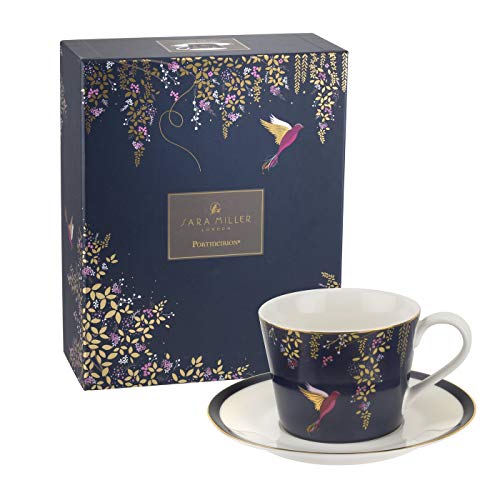Portmeirion Sara Miller London Chelsea Teacup And Saucer, Navy | 8 Oz Cup For Drinking Tea And Coffee | Made From Fine China With Gold Detail | Handwash Only #TOP1