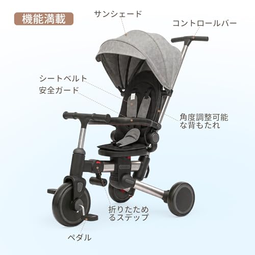 子供用三輪車 乗用玩具 1歳-3歳 折りたたみカバー 手押し棒付き 7in1 バイク 安全ベルト 三輪車乗り物 軽量 座面回転 ハンドル調整可能 自転車 おもちゃ 幼児用 赤ちゃん 組み立て簡単 誕生日プレゼント AS26042 - 画像 6