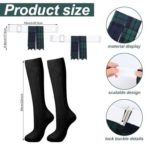Arrowbash 3 Pcs Men\'s Scottish Kilt Accessories Sets Irish Traditional Scottish Socks Tartan Hose Flashes Sporran with Chain(Dark Tones)