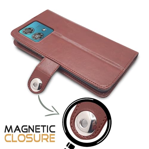 Image of Pikkme Moto Edge 40 Neo 5G Flip Cover Leather Finish | Wallet Stand and Shock Proof | Inside TPU with Card Pockets | Complete Protection Button Flip Case (Brown)