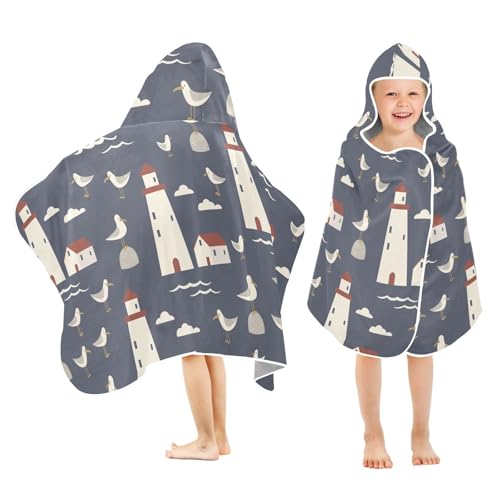 susiyo Kids Hooded Bath Towel Cute Lighthouse Seagulls Beach Towel for Kids 23.5 x 50 Inch Microfiber Soft Absorbent Quick Dry Bath Swim Pool Towel Wrap Poncho Bathrobe with Hood for Kids Toddler