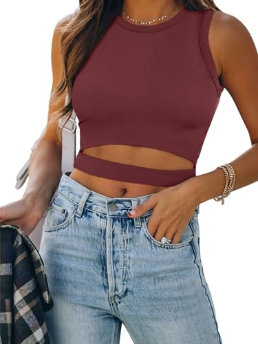 Image of ANRABESS Women Tank Tops High Neck Sleeveless Sexy Cutout Racer Back Going Out Crop Tops Shirts Summer Y2K Outfits