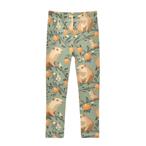 Capybara on Orange Branches Girls Leggings Athletic Pants Tights Stretch Bottom