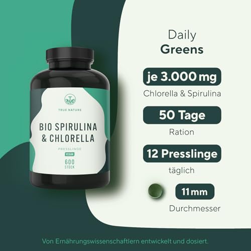 Bio Spirulina & Chlorella Presslinge – 600 Tabletten – Hochdosiert mit 6.000 mg pro Tag – Vorrat für 50 Tage – Hergestellt & laborgeprüft in DE – Vegan & frei von Zusätzen – TRUE NATURE