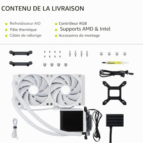 TRYX Panorama 240 ARGB Blanc 240 mm AIO 6,5'' AMOLED Écran incurvé 3D Effet anamorphique Refroidisseur AIO personnalisable 240 mm Asetek 8ème génération 280 W TDP ARGB Ventilateur Intel LGA 1851/1700