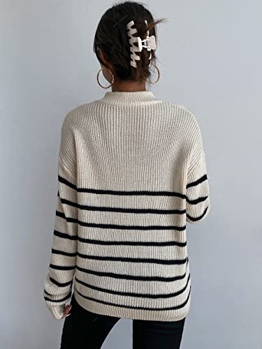 Makemechic Women's Casual Striped Half Zip Up Drop Shoulder Long Sleeve Sweater Pullover Top Apricot M #TOP1