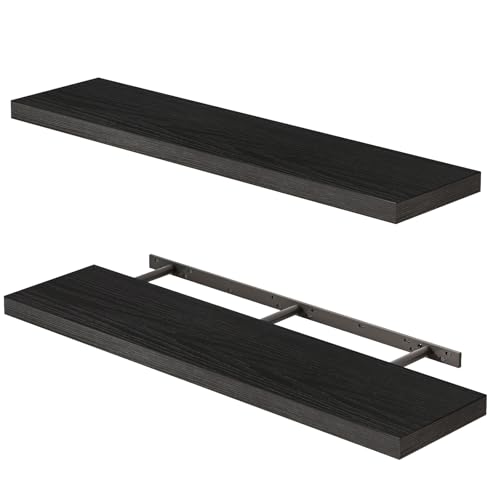 Fixwal Floating Shelves for Wall 35.4 Long Heavy Duty Wall Mounted Rustic Wood Shelves for Living Room Bedroom Bathroom and Kitchen Wall Shelves for Storage Books Room Decor (Black Set of 2)