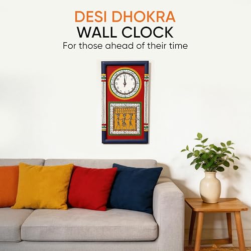 Image of AAKRITI ART CREATIONS Wall Clock Handcrafted Warli Art Red Dial with Glass Frame Blue, Red | Wall Clock for Home, Home Decoration | Lightweight Wooden wall Decor | Matte Finish