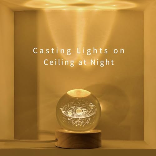 Image of X14STORE 3D Solar System Crystal Ball Night Light, LED Lamp with Wooden Base, Multicolored, Transparent Glass, Energy Efficient, Tabletop Decorative Lamp