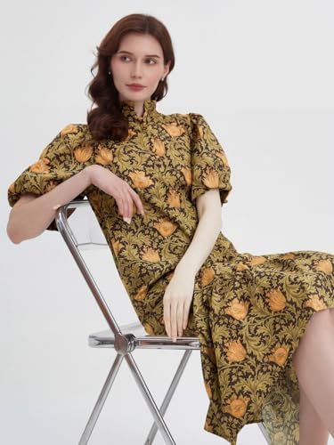 Image of Summer Floral Midi Dress for Women Spring Puff Short Sleeve Button Down Flowy Boho Dresses
