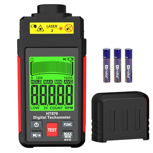 Digital Tachometer Non-Contact RPM Meter (10-99999 RPM), High Accuracy Laser Digital Tachometer Tester with Reflective Tape, Backlit LCD, Data Hold & MAX/MIN/AVG Functions