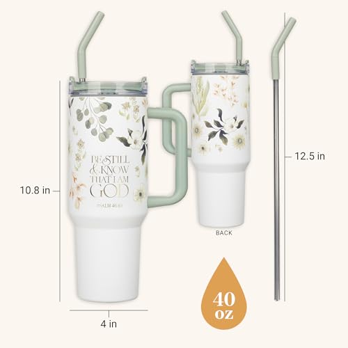 Image of Christian Art Gifts Extra Large Stainless Steel Double Wall Vacuum Insulated Travel Tumbler for Women: Be Still Inspirational Scripture, Lid, Reusable Straw, Wide Handle, White & Teal Floral, 40 oz.