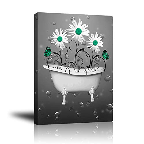 Premium White Daisy Butterfly Bathroom Wall Decor, Print Artwork Giclee Canvas Art Framed Painting Poster Pictures Decoration 16x 20 Inchs
