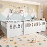 Merax Kinderbett Bodenbett 140x190 cm mit Rausfallschutz & Lattenrost, öffnbarem Zaun - Montessori Bett, Holz Bettgestell, Jugendbett Paneelbett, ohne Matratze, Minimalistischer Stil, Weiß