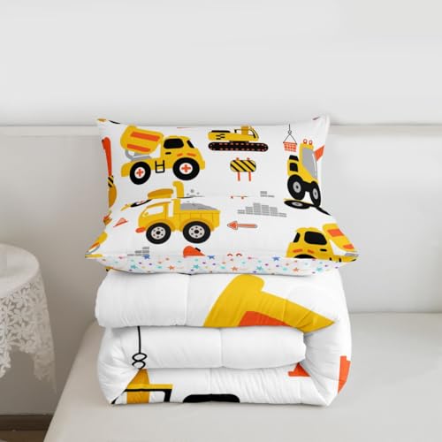 Feelyou Cartoon Car Comforter Set Kids Construction Comforter for Boys Equipment Trucks Bedding Set Breathable Cartoon Yellow Car Excavator Tractor Duvet Set Room Decor Quilt Set King Size