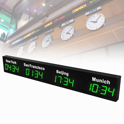 Spdazzleburst Reloj Mundial Digital LED, Reloj Mundial de Pared para 3/4/5 Ciudades con múltiples Zonas horarias, para hoteles, aeropuertos, Locales de Ocio y Empresas multinacionales. Green 4City