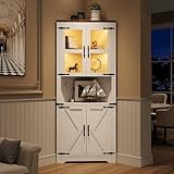 GarveeHome 67 in Tall Corner Storage Cabinet with Lights, Farmhouse Corner Hutch Display Cabinet with Glass Doors, Wooden Storage Organizer for Kitchen, Living Room, Bathroom, White
