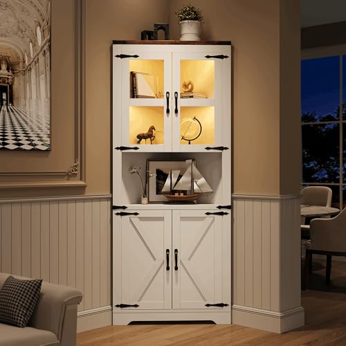 GarveeHome 67 in Tall Corner Storage Cabinet with Lights, Farmhouse Corner Hutch Display Cabinet with Glass Doors, Wooden Storage Organizer for Kitche