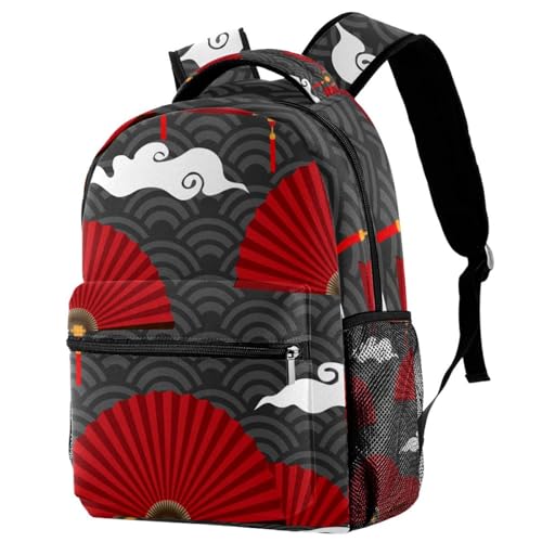 Sac à dos d'école vagues et nuages chinois rouge 29x20x40cm