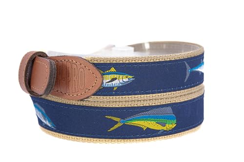 ZEP-PRO Offshore Slam Men's Woven Ribbon Belt – Repeating Game Fish Design With Tan Full Grain Leather Tabs – 1.25" Wide Outdoor Lifestyle Accessory, Size 463