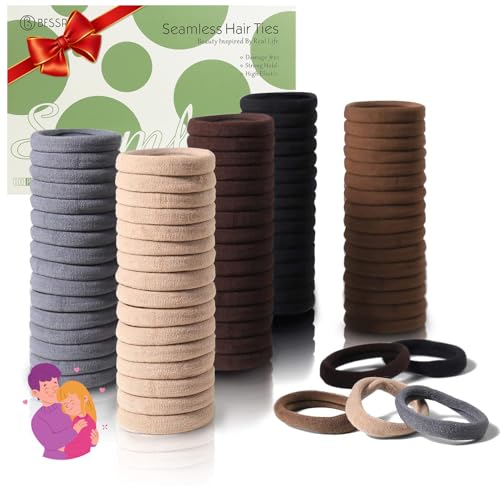 Bessrung - 100 Pcs Thick Seamless Brown Hair Ties, Ponytail Holders Hair Accessories No Damage for Thick Hair Valentine's Day Gift(Natural Colors)