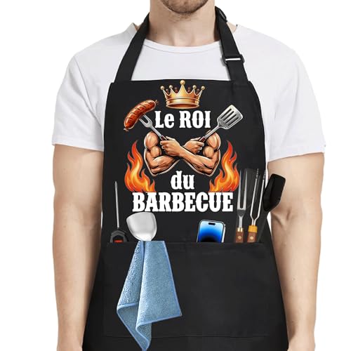 Dreaku Tablier Barbecue Homme, Tablier Cuisine Homme, Noir Réglable Tablier Cuisine Homme BBQ Humour Tablier Personnalisé pour Barbecue Fête, Fête des Pères, Anniversaire, Noël Cadeau